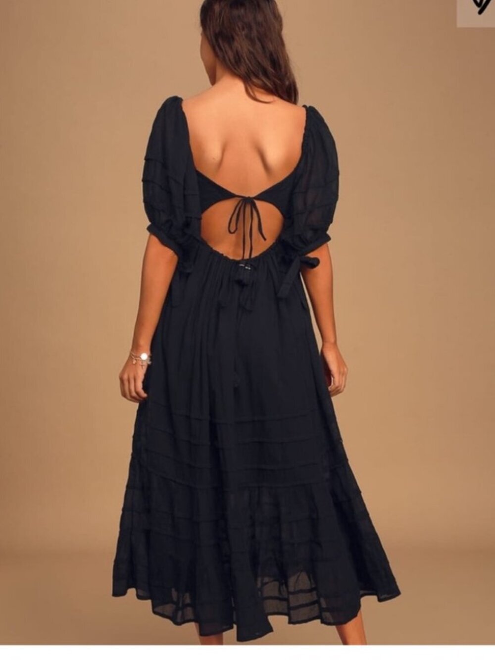 Free People Let's Be Friends black midi dress with a back cutout and puff sleeve - Picture 2 of 16